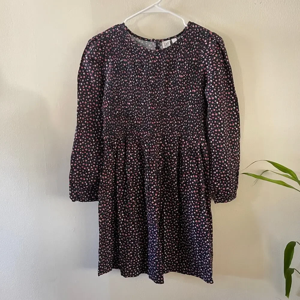 Gap Kids XXL Girls Smocked Floral Prairie Dress Navy Blue Boho Cottagecore